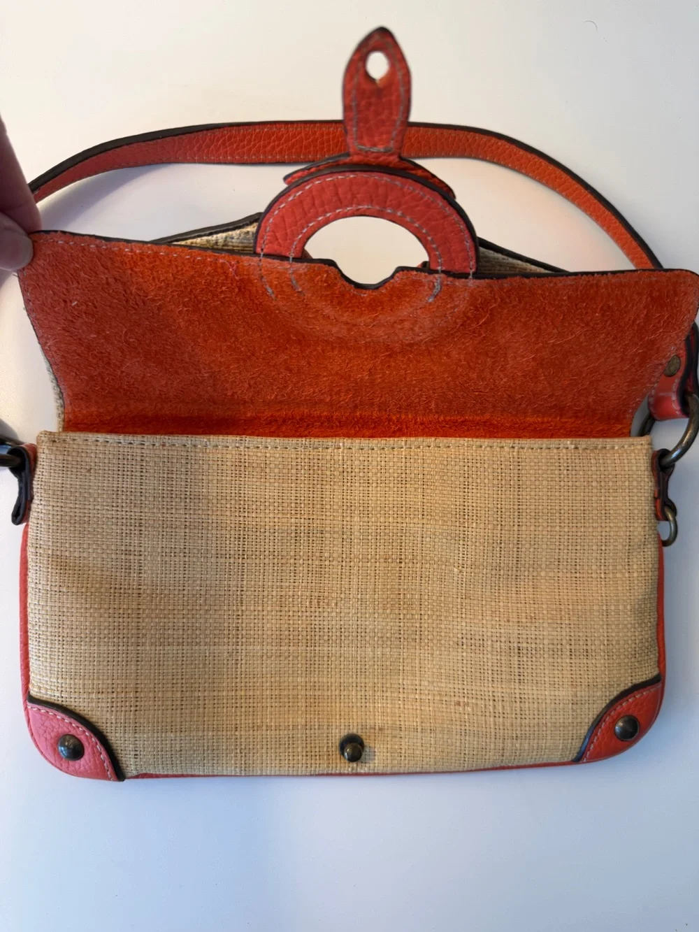 J Crew Woven Straw Shoulder Bag with Orange Leather Trim